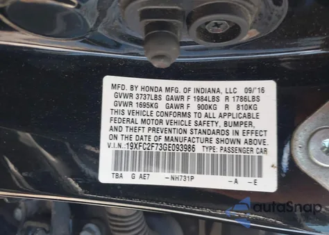 2016 Honda Civic Ex из США, поврежденный, VIN 19XFC2F73GE093986